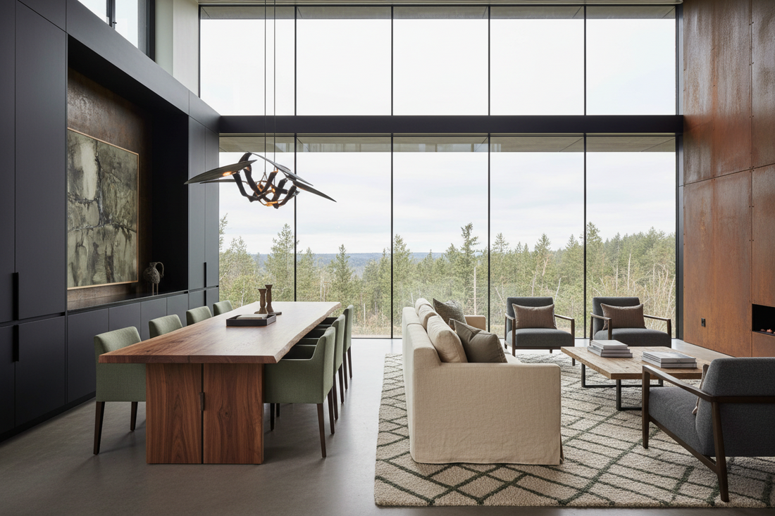 Modern-rustic living room with live-edge wood table, forged iron lamp, and organic textures in earth-tone palette