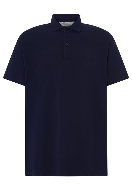 Polo azul marino de algodón, estilo clásico con cuello y tres botones, ideal para ocasiones casuales.