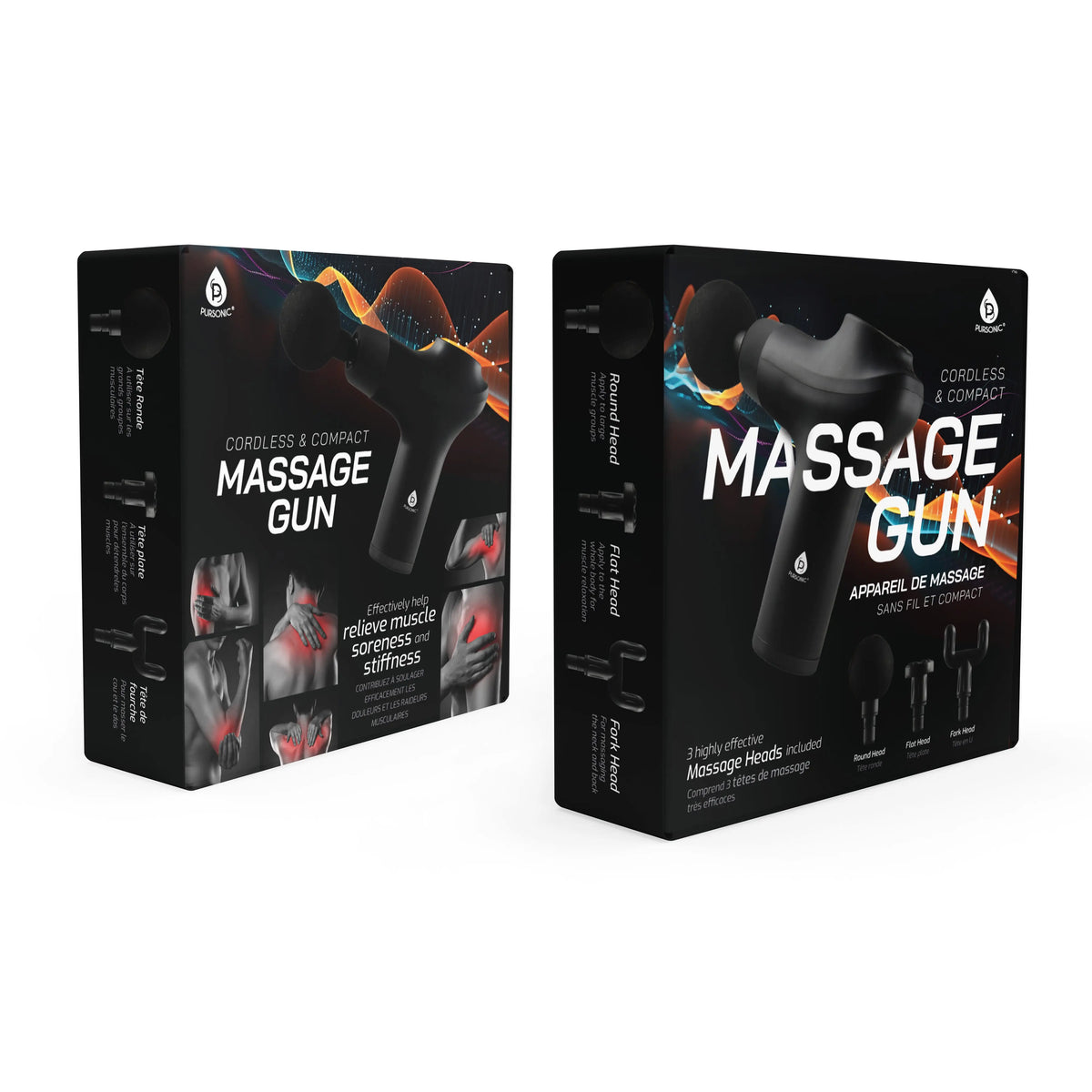 Two black boxes showing a cordless massage gun with three interchangeable heads and photos of muscle relief.