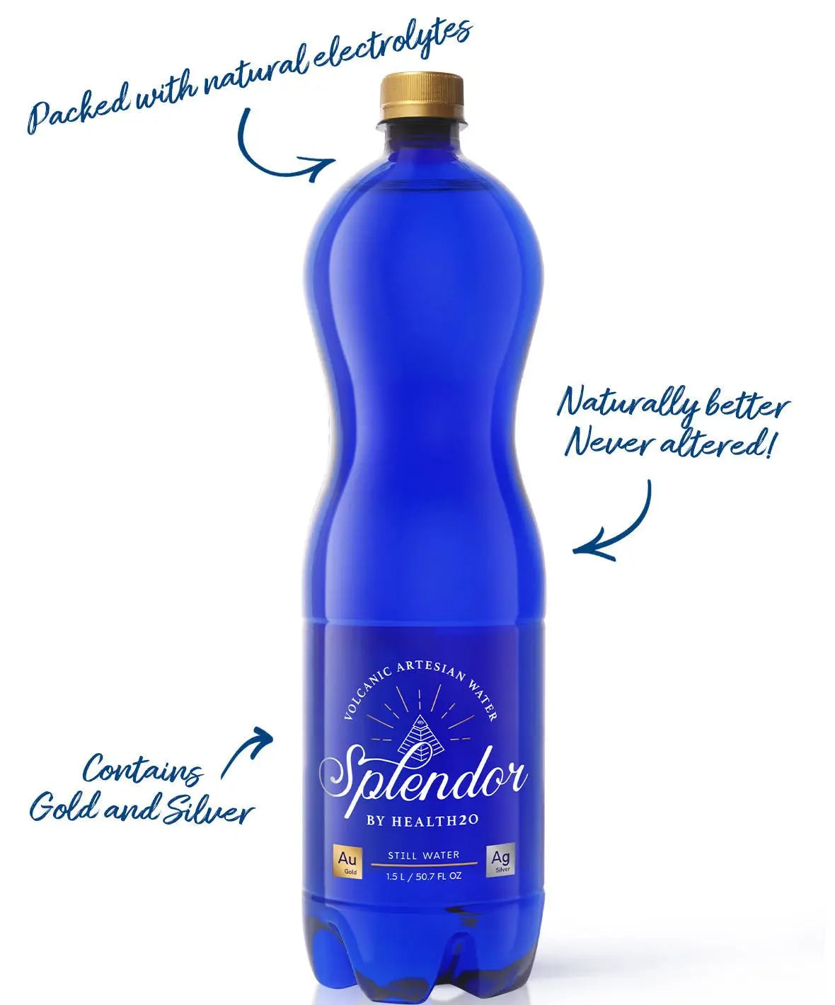 1.5L bottle of Splendor blue, curvy plastic water with gold cap, volcanic artesian label, and electrolyte claims.
