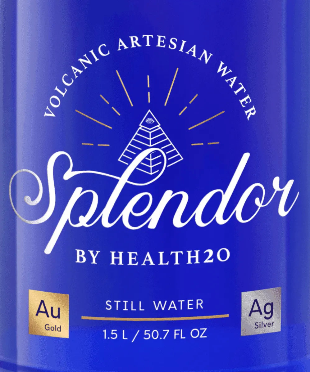 Blue bottle label with white "Splendor" logo, a pyramid icon, gold and silver squares, and 1.5L/50.7 FL OZ text.