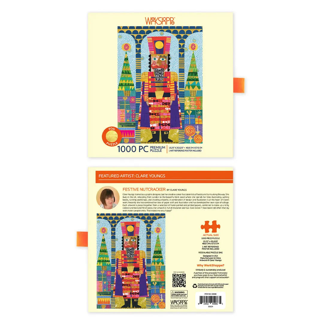 Square puzzle box showing a colorful nutcracker illustration with gold foil accents, 1000 pieces, and artist bio back.