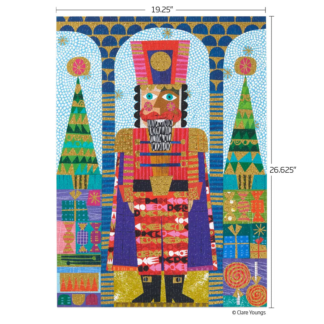 Festive nutcracker jigsaw puzzle with vibrant geometric patterns, gold foil accents, and holiday decorations.