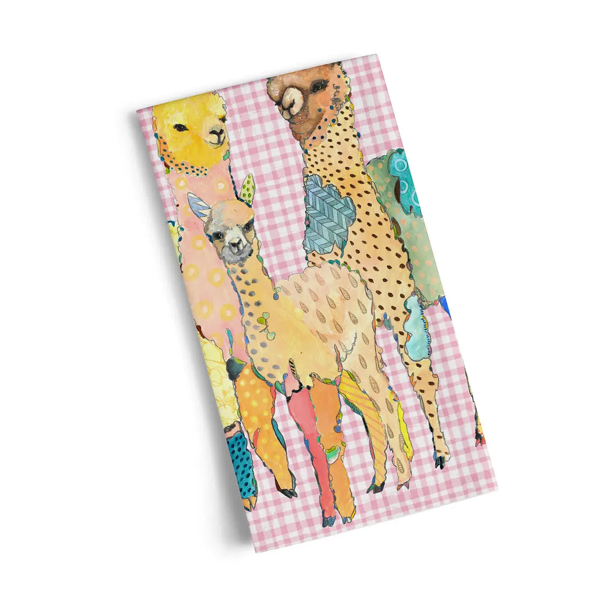 Cotton tea towel featuring whimsical, patterned llama family illustrations on a pink and white gingham background.