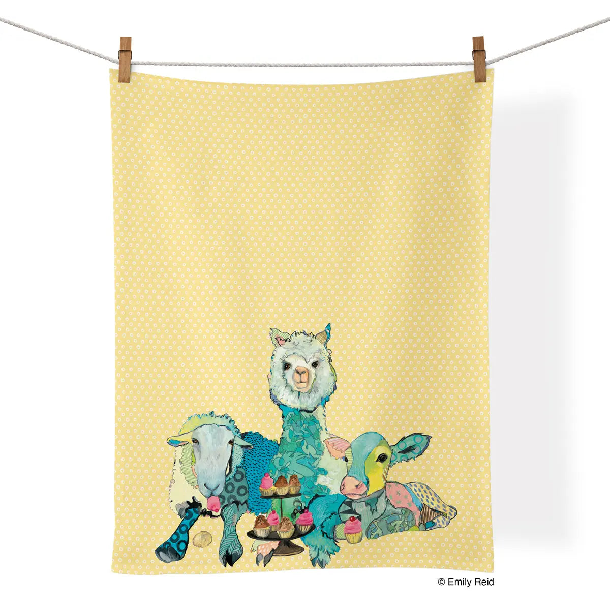 Yellow cotton tea towel with white dots, featuring an illustration of a sheep, alpaca, and calf with cupcakes.