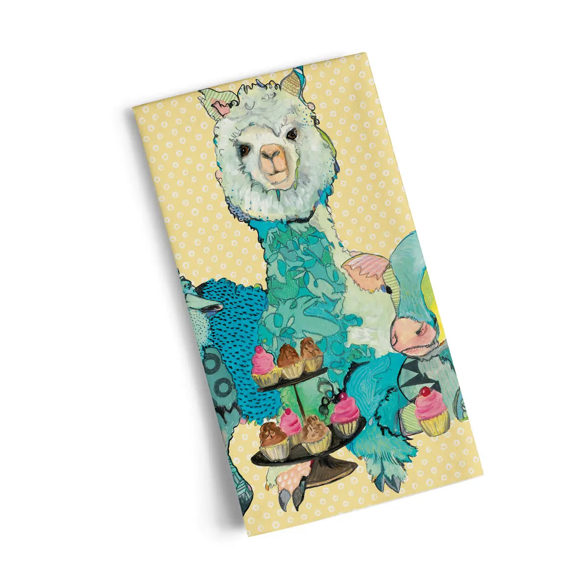 Cotton tea towel with a yellow polka-dot background featuring colorful illustrations of an alpaca, cow, and cupcakes.