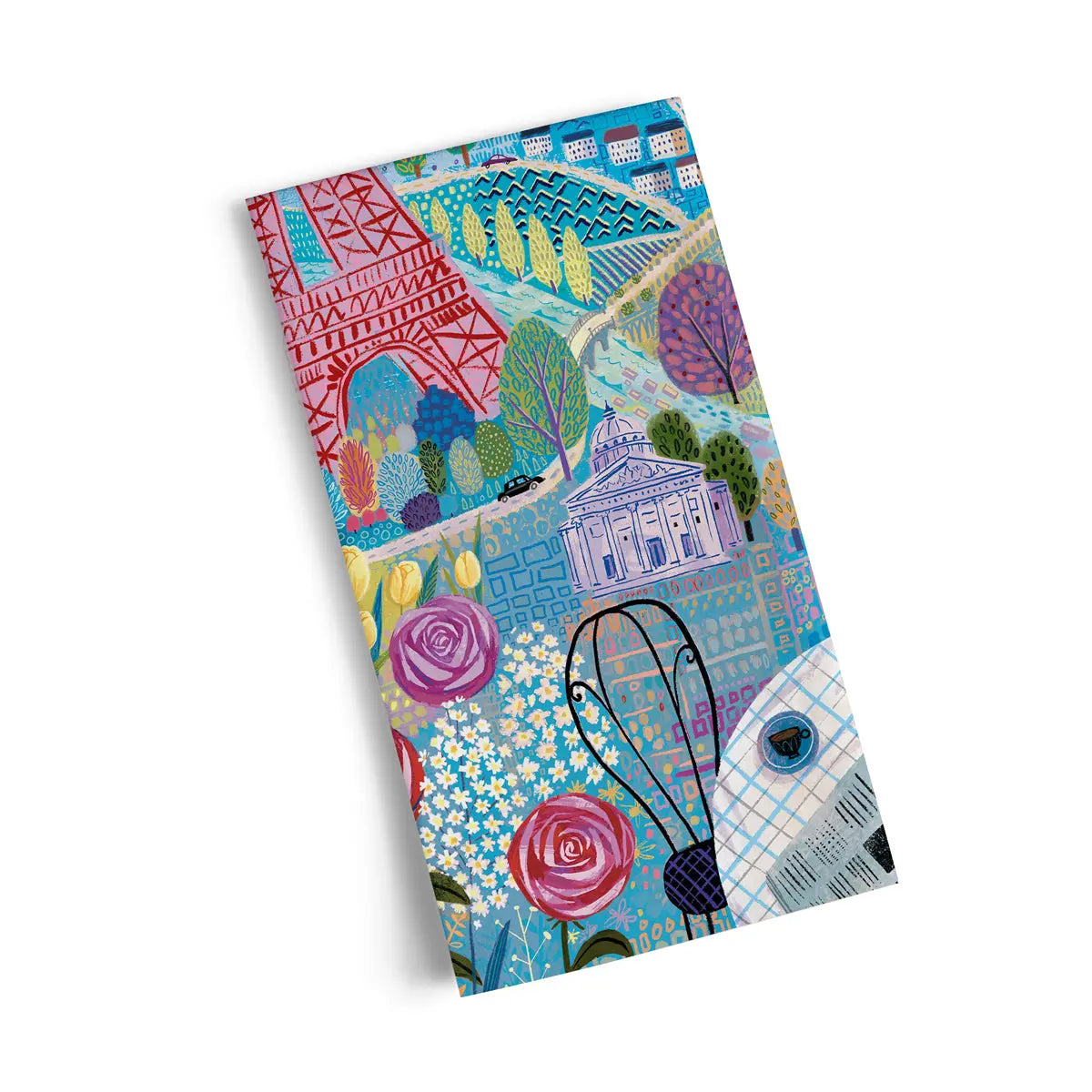 Cotton tea towel with vibrant Parisian-themed illustration featuring the Eiffel Tower, flowers, and a cafe scene.