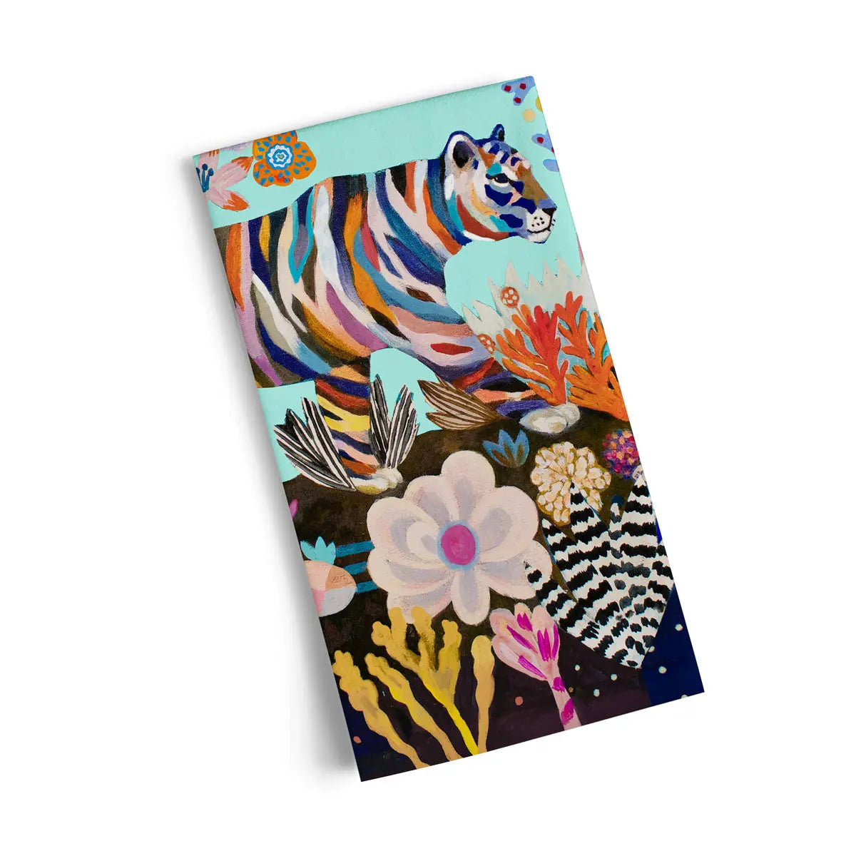 Rectangular cotton tea towel featuring a colorful striped tiger, vibrant flowers, and foliage on a light blue background.