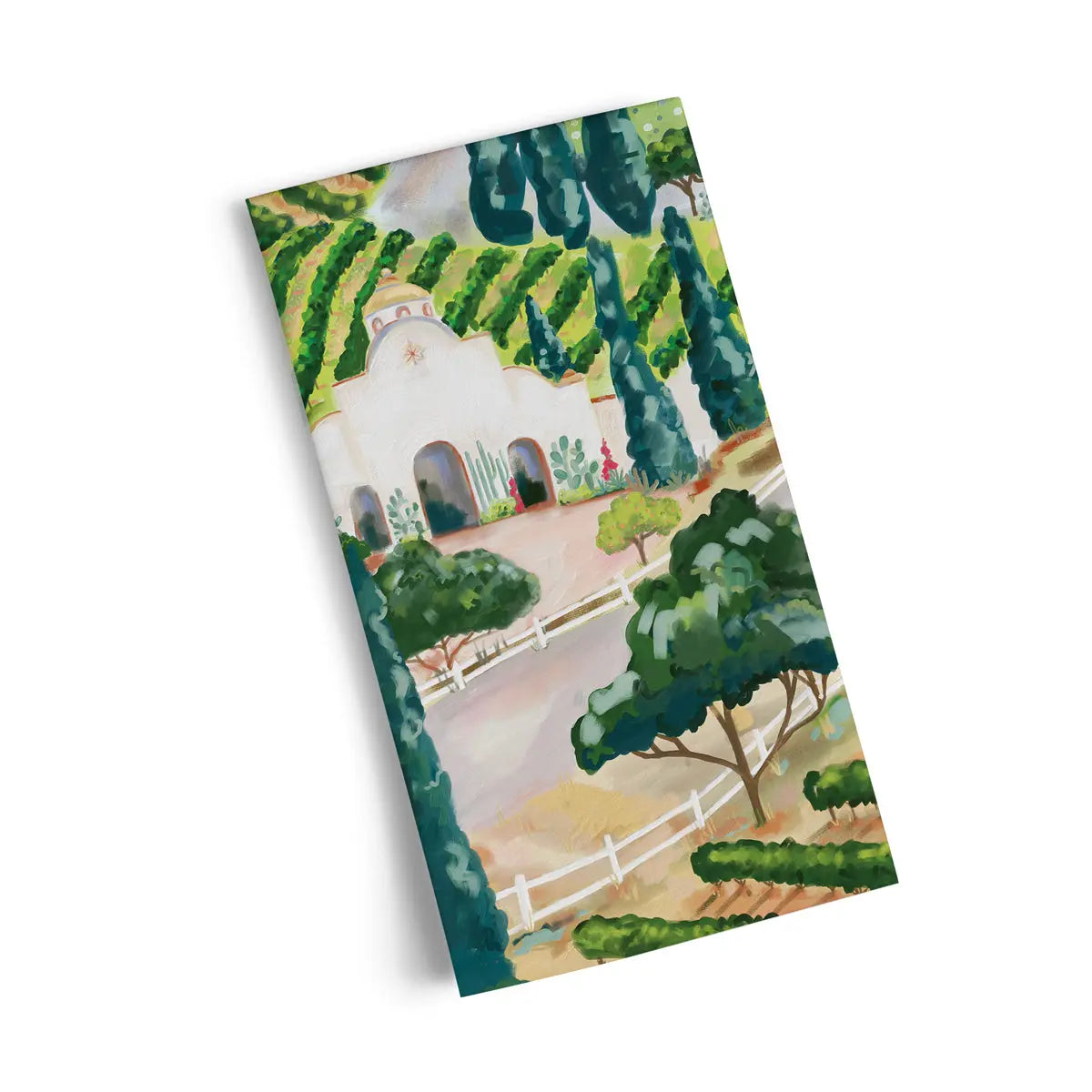 Cotton tea towel featuring an impressionist vineyard scene with a white villa, green hills, and a white fence.