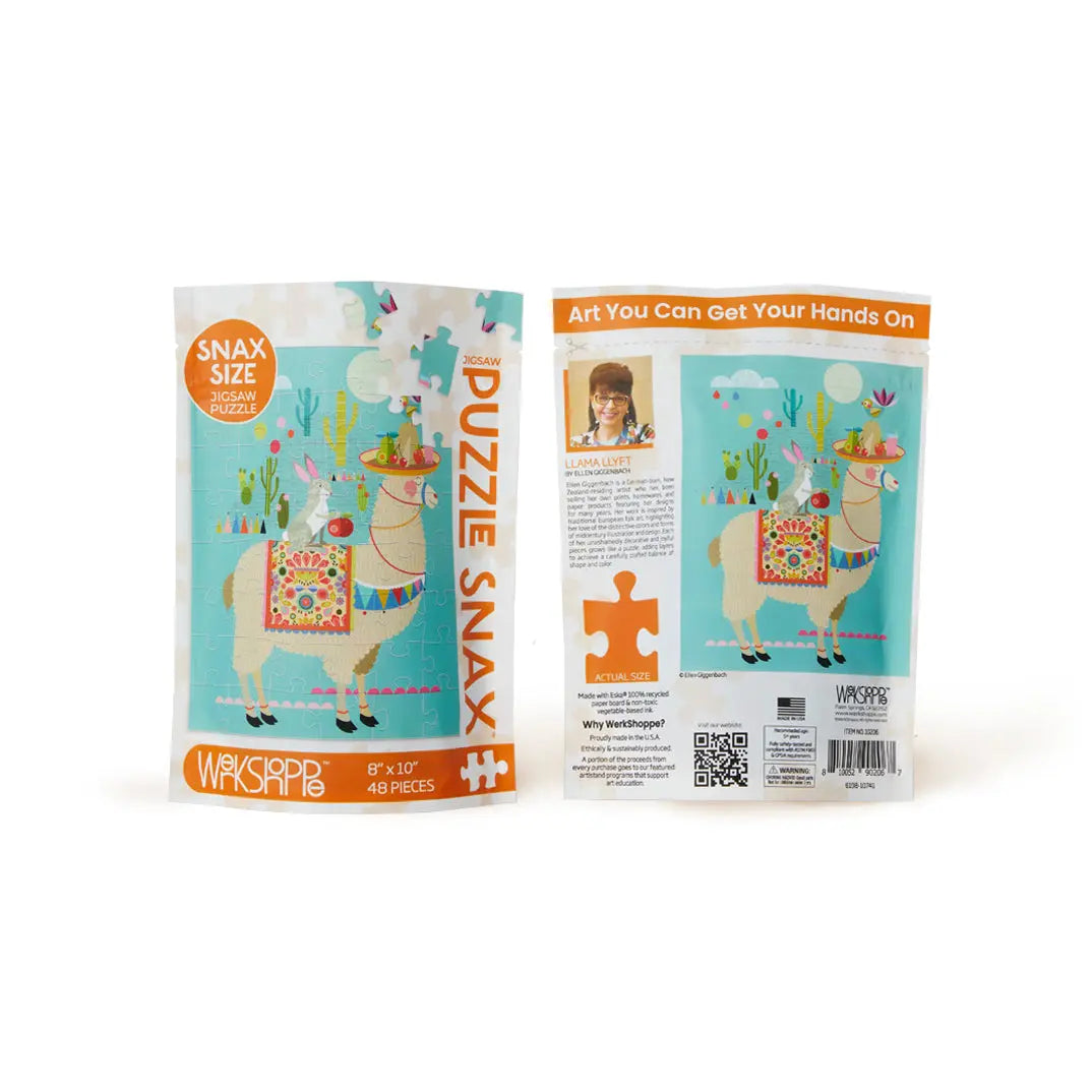 Front and back view of a 48-piece Llama Llyft Puzzle Snax pouch featuring a colorful llama illustration on teal.