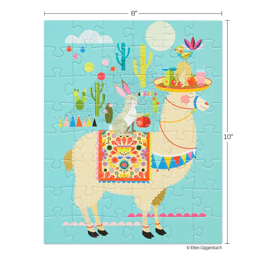 48-piece jigsaw puzzle featuring a whimsical llama, bunny, and cacti in a colorful desert scene on a light blue field.