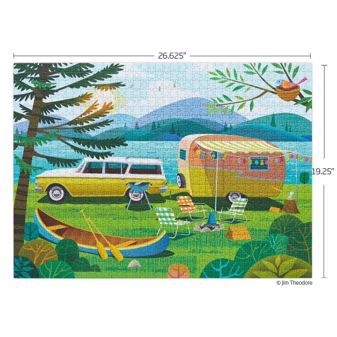 1000-piece puzzle featuring a retro yellow station wagon, camper, canoe, and lawn chairs in a colorful mountain scene.