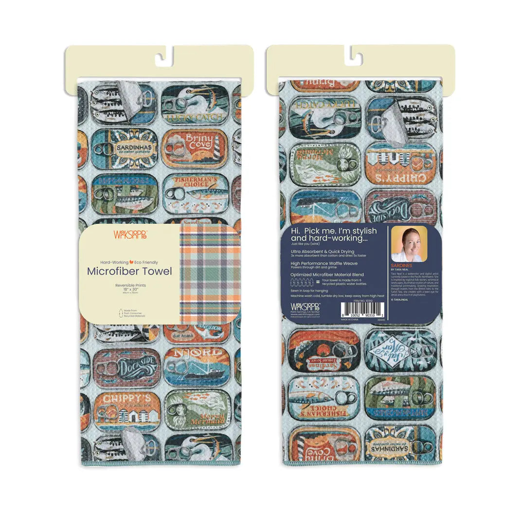 Waffle-weave microfiber towel featuring a colorful pattern of vintage sardine tins in shades of blue, orange, and red.