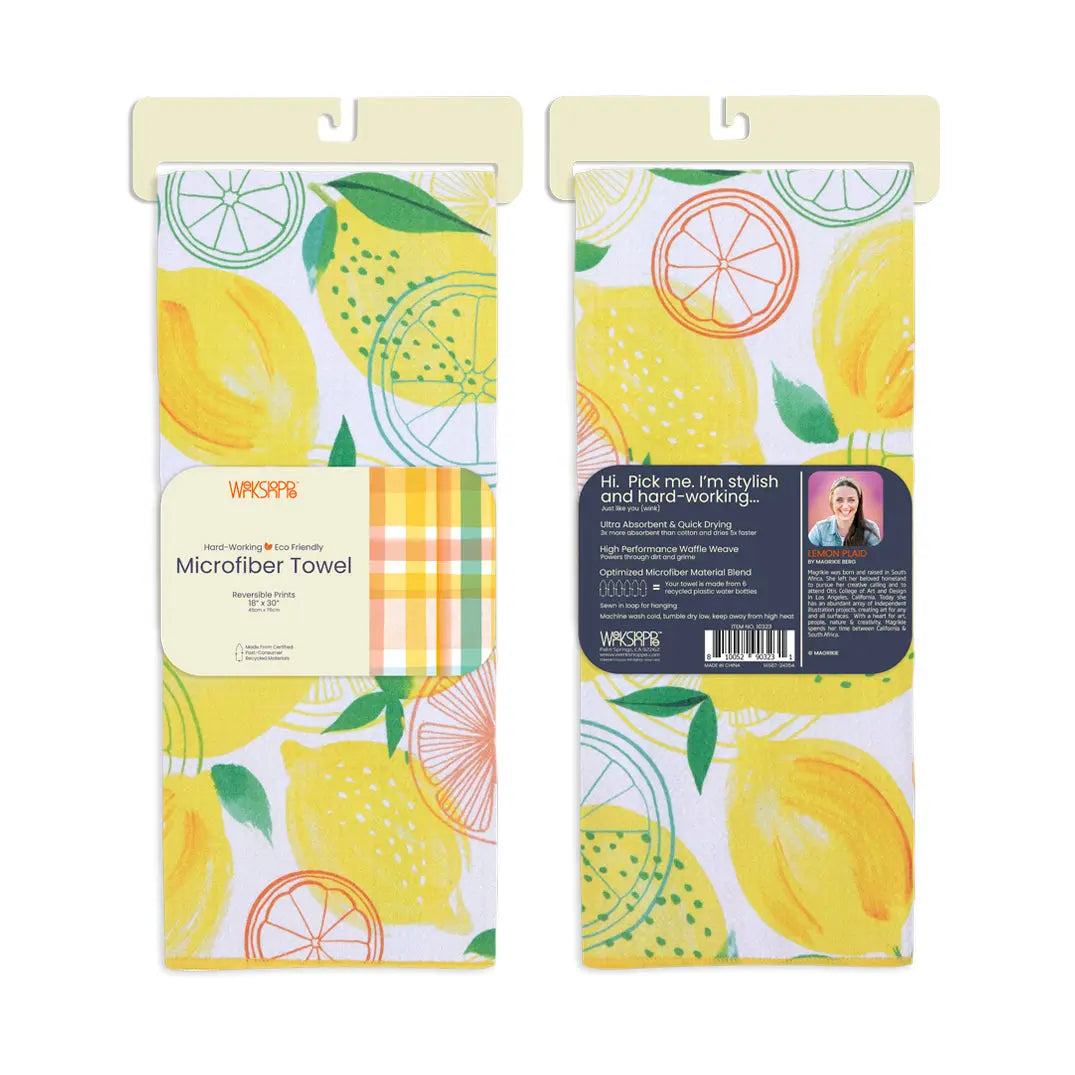 Microfiber kitchen towel featuring a yellow and green lemon pattern on a white background with a plaid accent band.