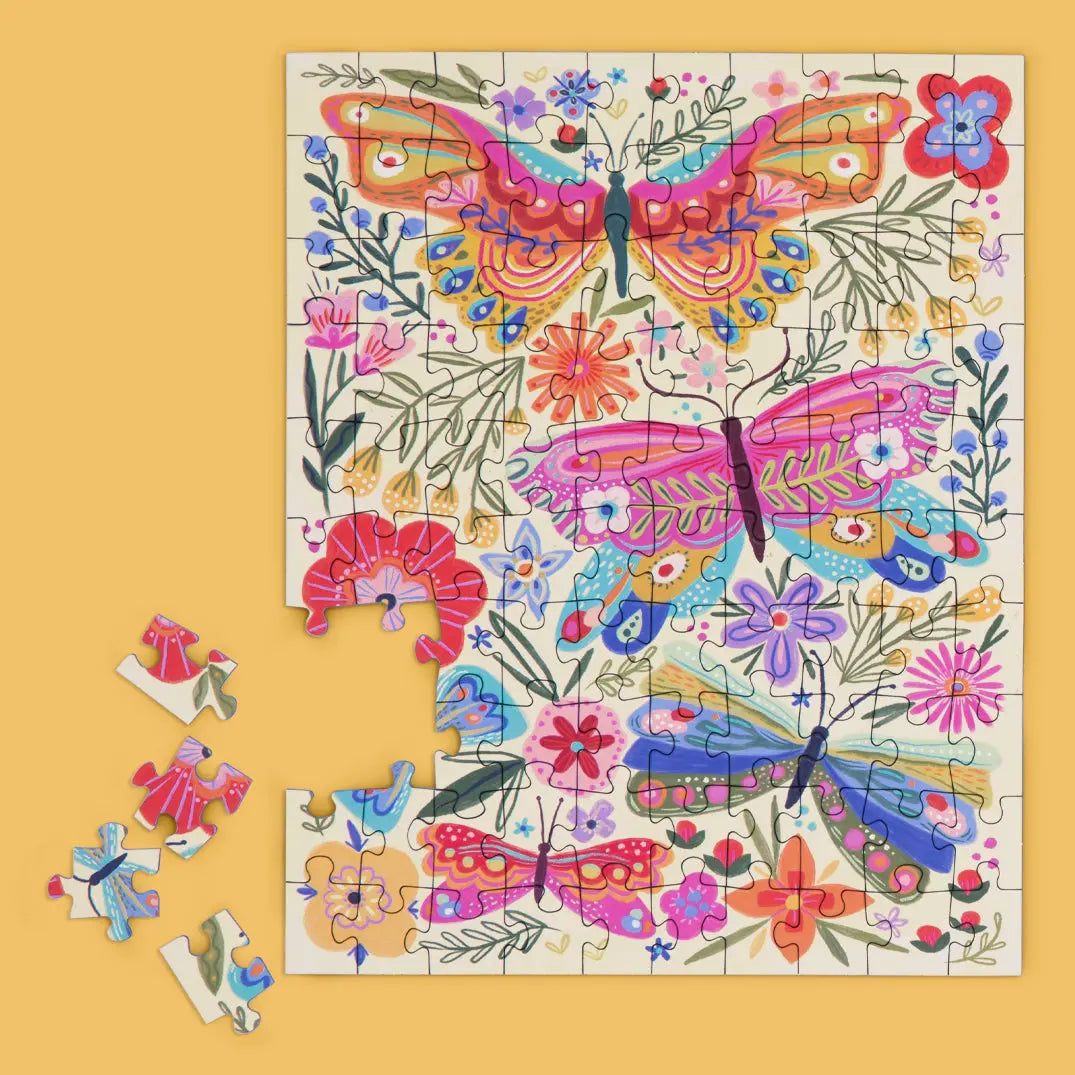 A 100-piece puzzle featuring colorful butterflies and floral illustrations in a whimsical, folk-art style.