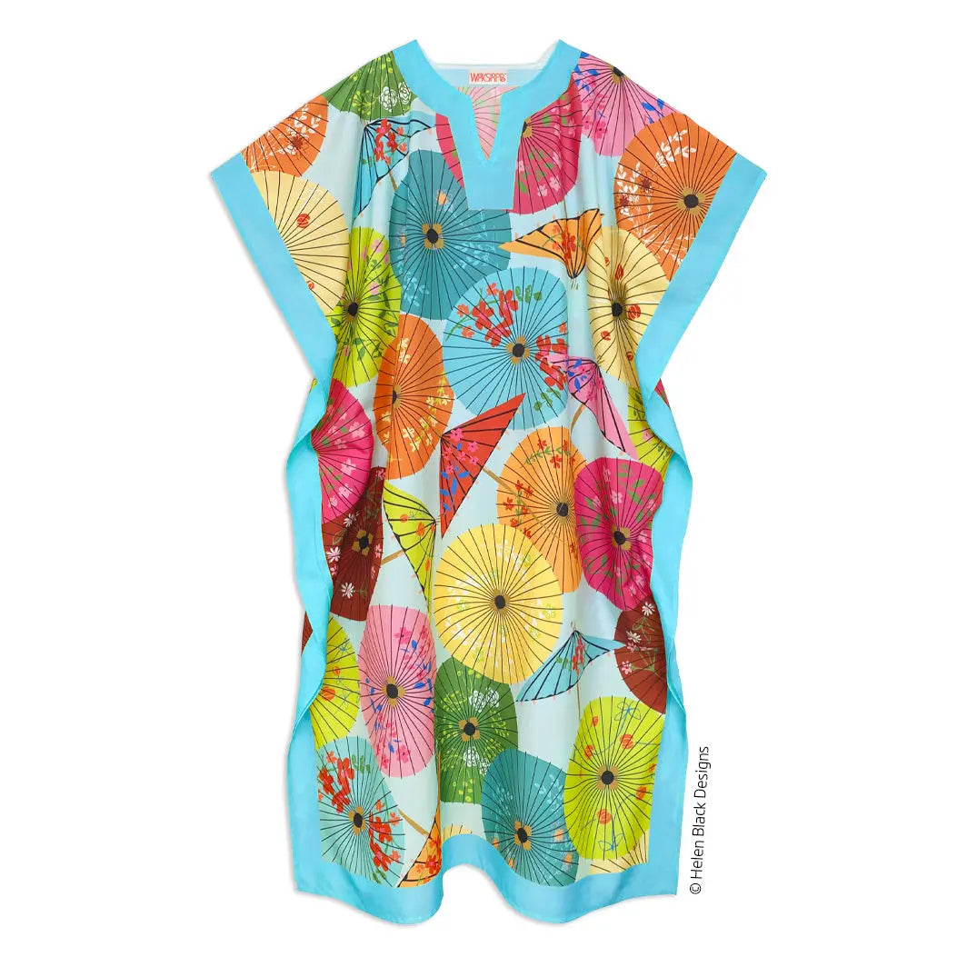 Mai Tai caftan with a vibrant, multicolor parasol print on a light blue background and matching solid blue trim.