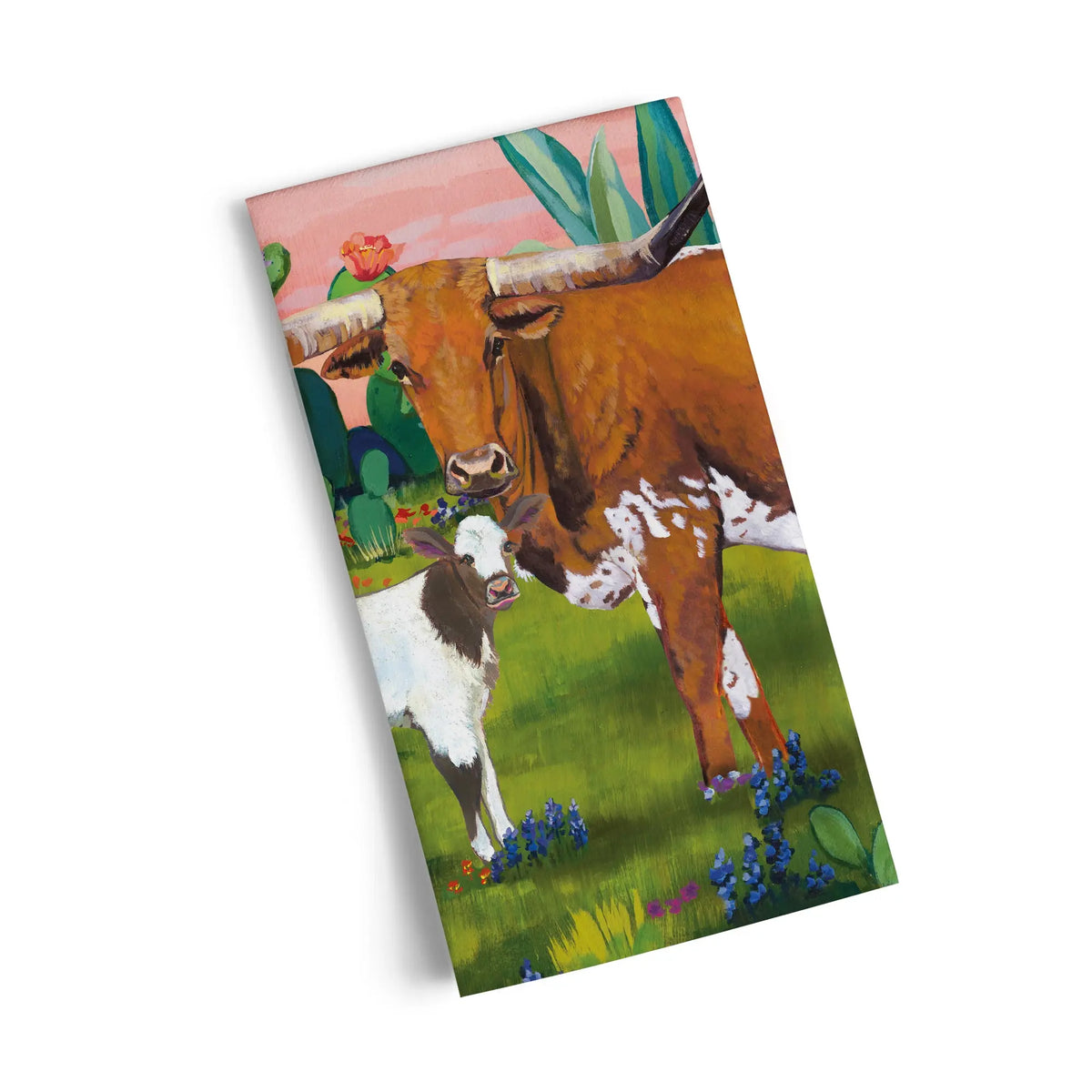 Cotton tea towel featuring a painted illustration of a longhorn cow and calf in a desert landscape with cacti.
