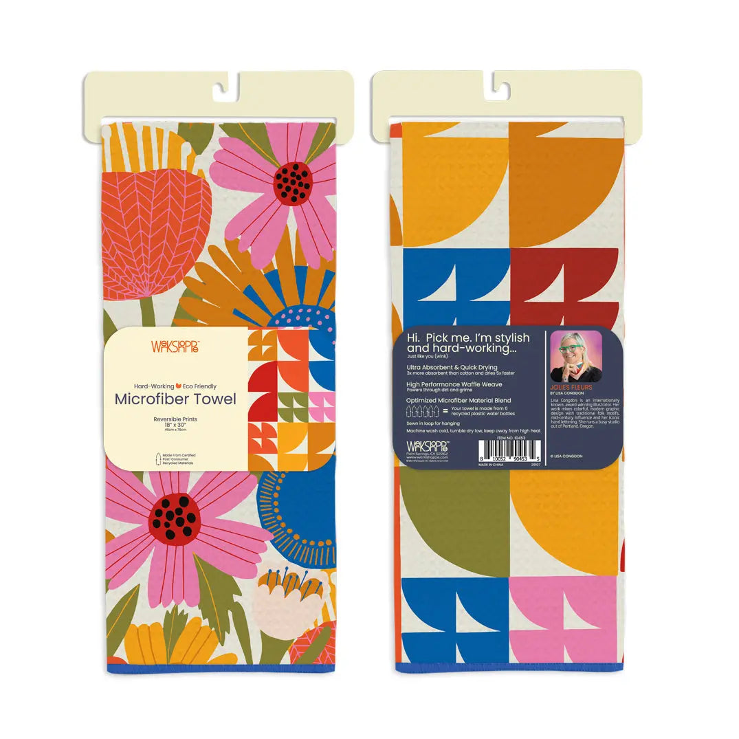 Two microfiber kitchen towels featuring a colorful floral pattern and a geometric mid-century modern abstract print.