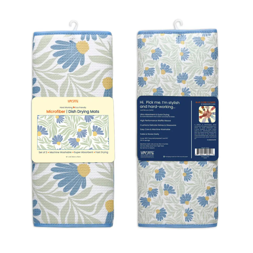 Two rectangular microfiber dish drying mats with a blue, yellow, and sage green floral pattern and blue trim.