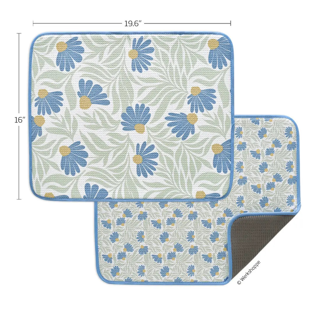 Rectangular dish drying mats, 19.6x16 inches, featuring a blue and yellow coneflower floral pattern on sage foliage.