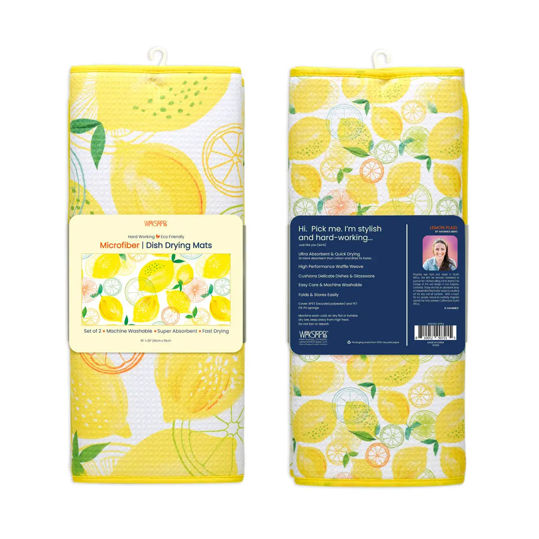 Set of two microfiber dish drying mats featuring a vibrant yellow lemon and citrus slice pattern on a white background.