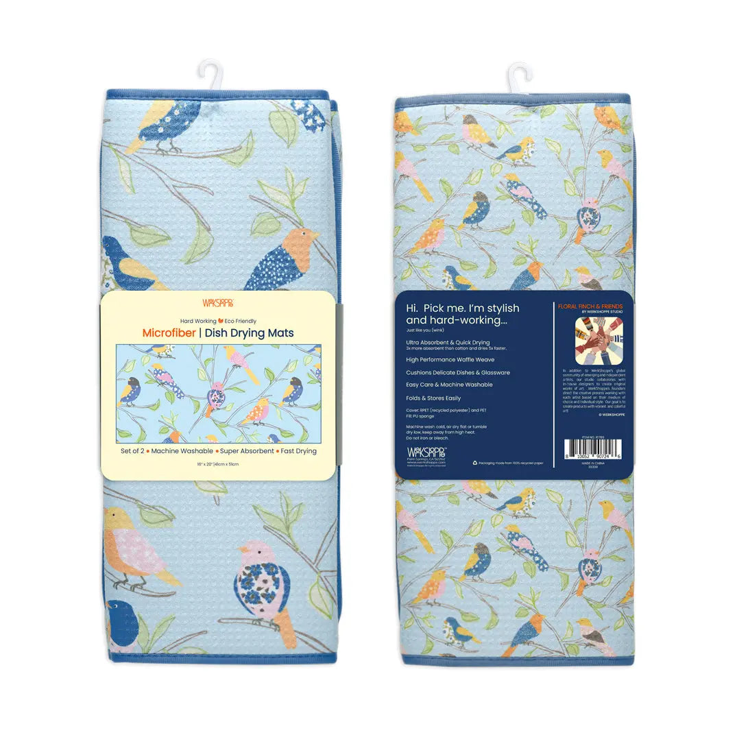 Two rectangular, waffle-weave microfiber dish drying mats with a light blue background, bird, and branch print.