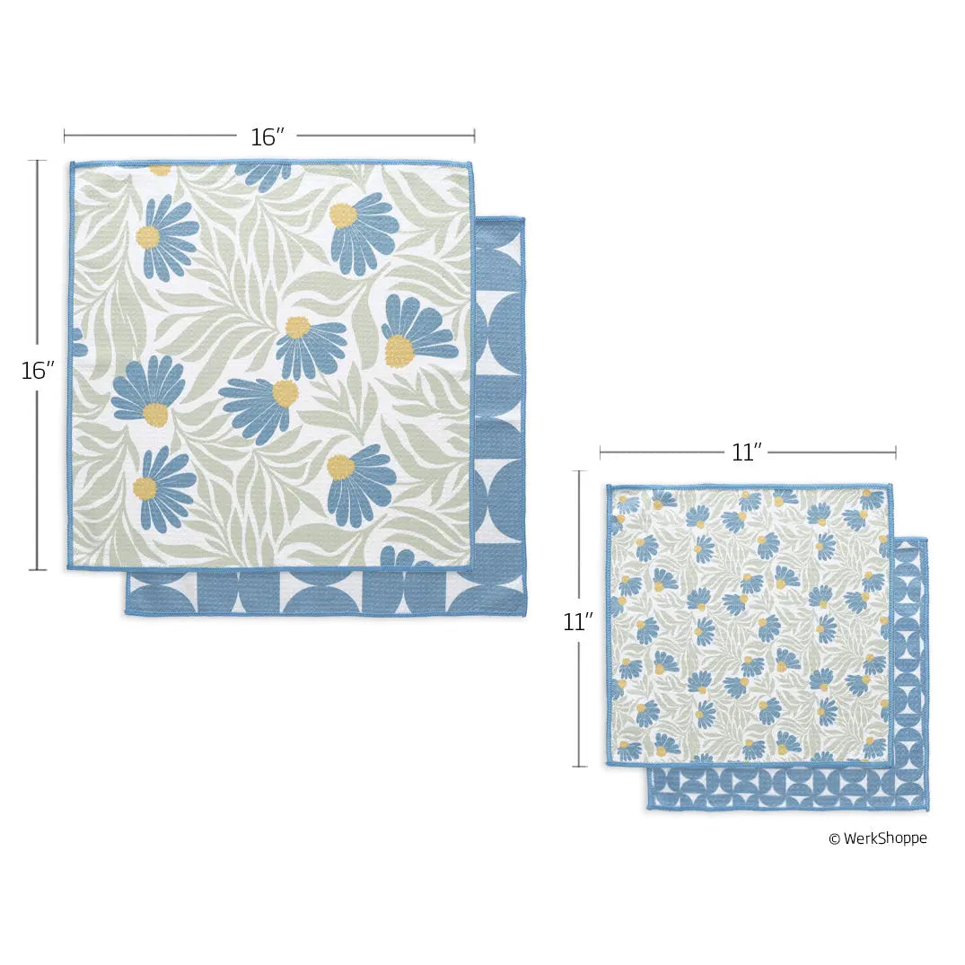 Two reversible towels, 16" and 11" square, featuring a blue coneflower pattern on one side and a geometric blue print.