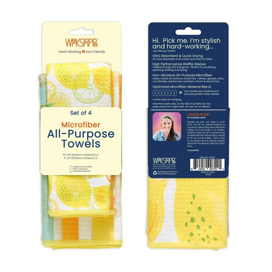 Set of 4 microfiber cleaning towels with yellow lemon prints and plaid patterns on light-colored fabric.