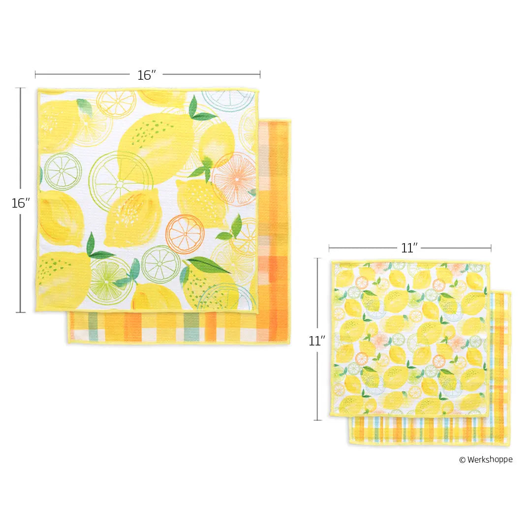 Two sets of square, waffle-textured towels with lemon prints on one side and yellow plaid patterns on the reverse.