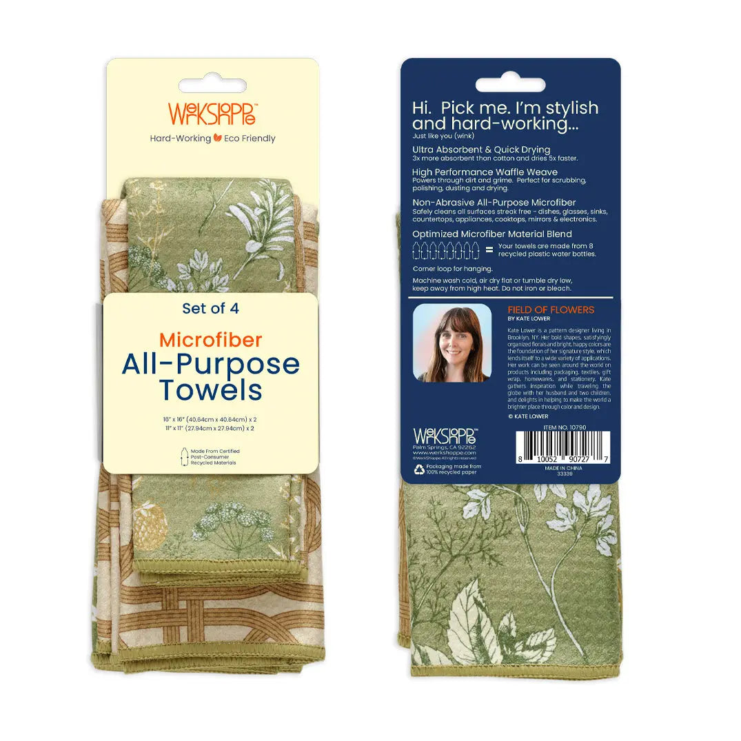 Set of 4 green and tan microfiber kitchen towels featuring a botanical herb and lattice pattern with waffle weave.