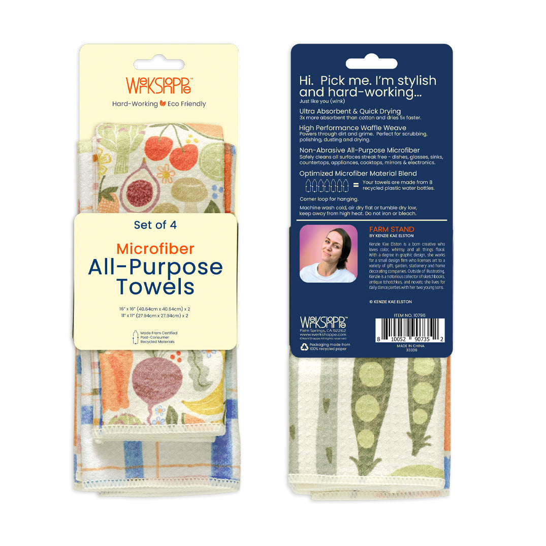 Set of 4 microfiber all-purpose towels with colorful, whimsical farm produce patterns on a waffle-weave texture.