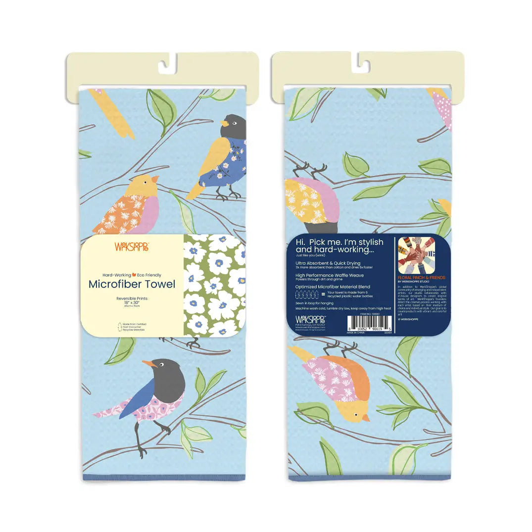 Light blue microfiber towel featuring a patterned print of colorful birds on branches with leaves and flowers.