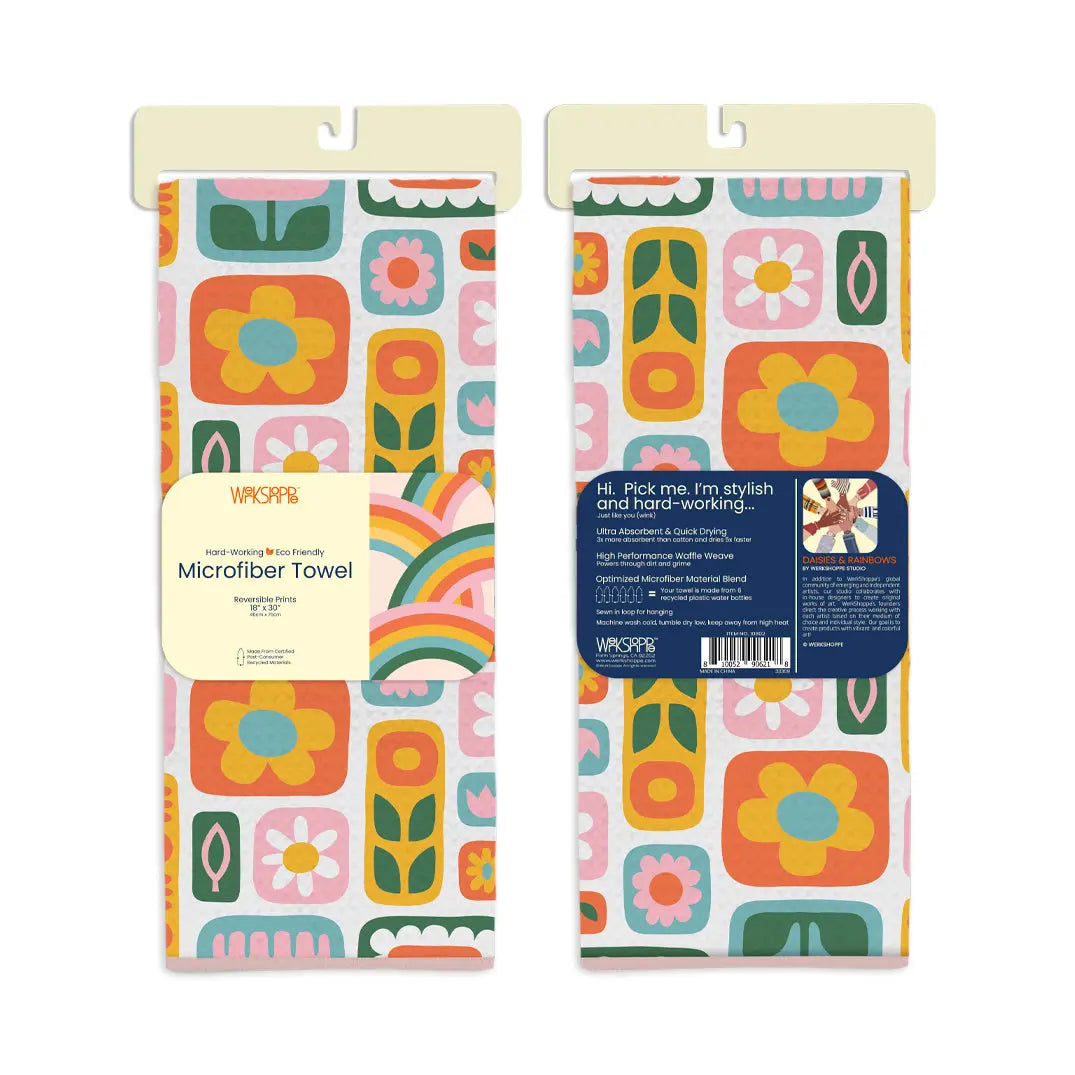 Two microfiber towels featuring a colorful, retro pattern of daisies and rainbows on a light background.