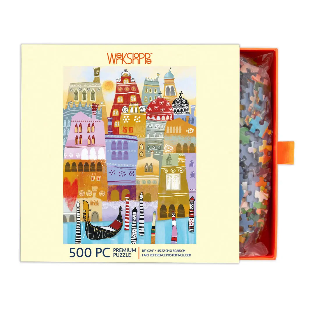 Venice 500-piece puzzle box featuring colorful, stylized illustrations of city buildings, gondolas, and a canal.