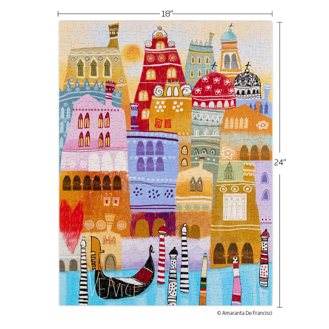 Whimsical 500-piece puzzle of colorful Venice buildings and a gondola in a folk art style, 18x24 inches.