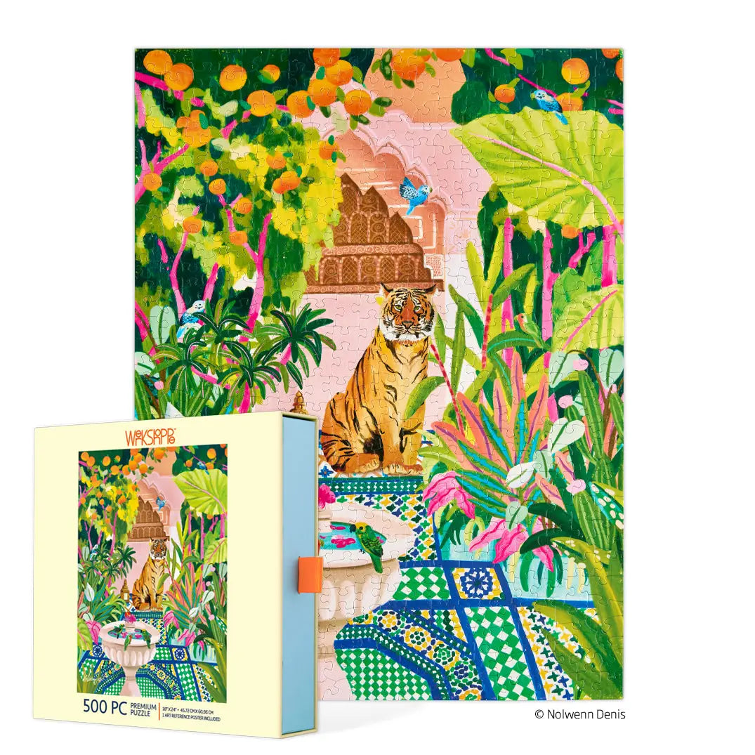 500-piece puzzle showing a tiger in a colorful tropical garden with orange trees, birds, and a tiled fountain.