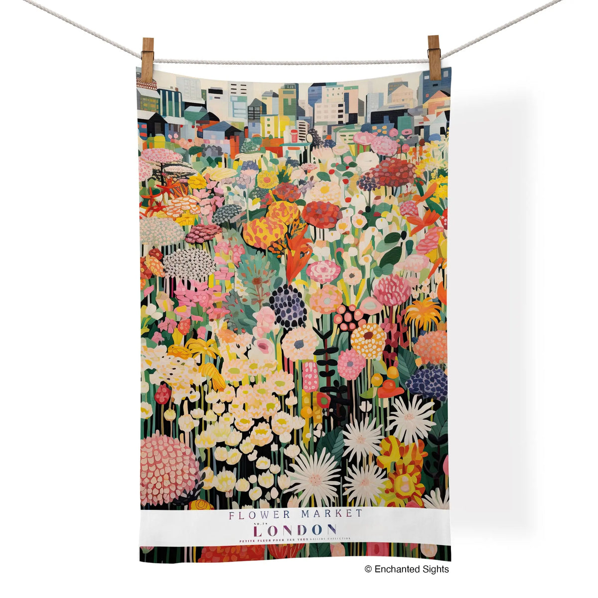 Cotton tea towel featuring a colorful, vibrant floral market illustration with a London cityscape background.