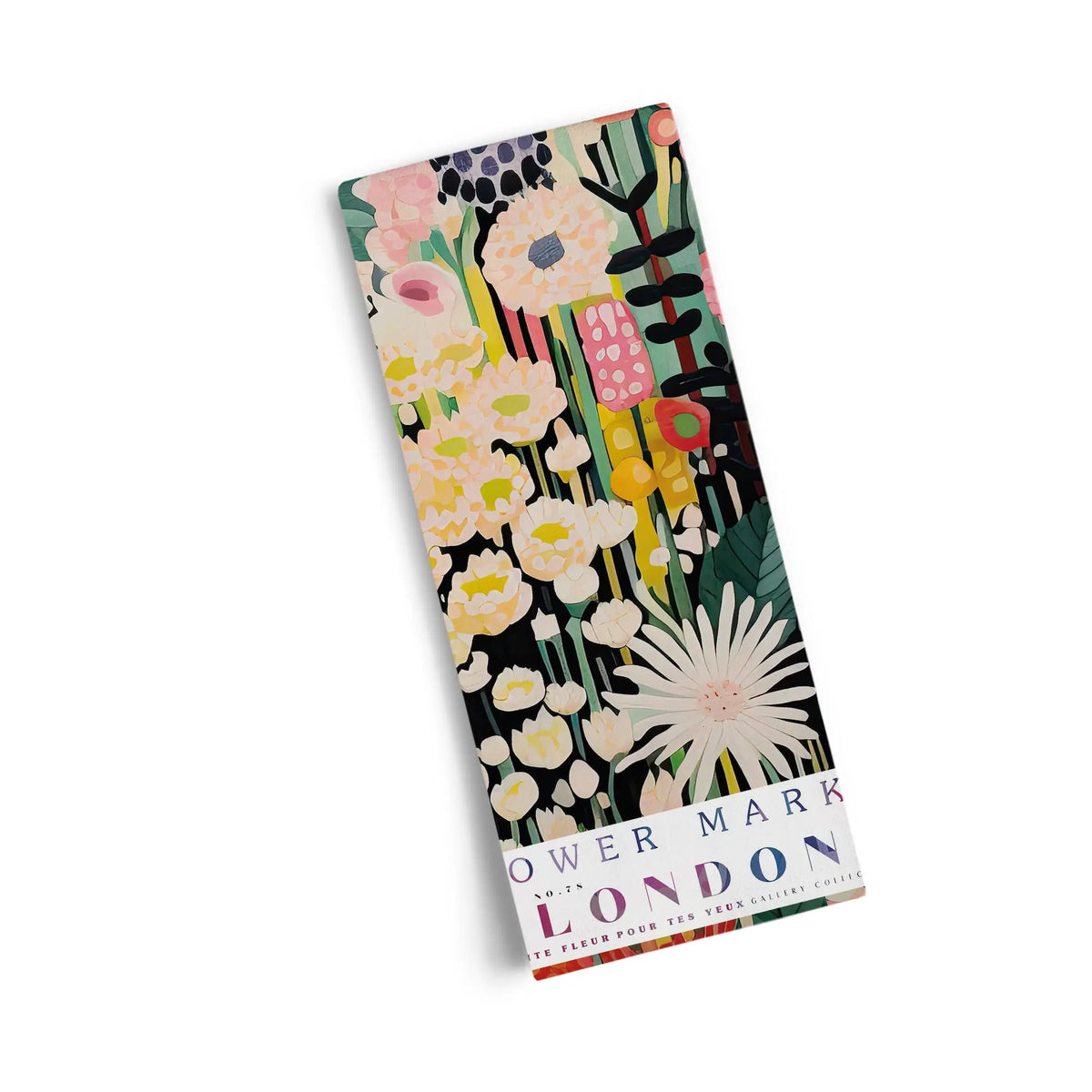 Cotton tea towel with colorful, modern floral illustration and "Flower Market London" text on a white base.