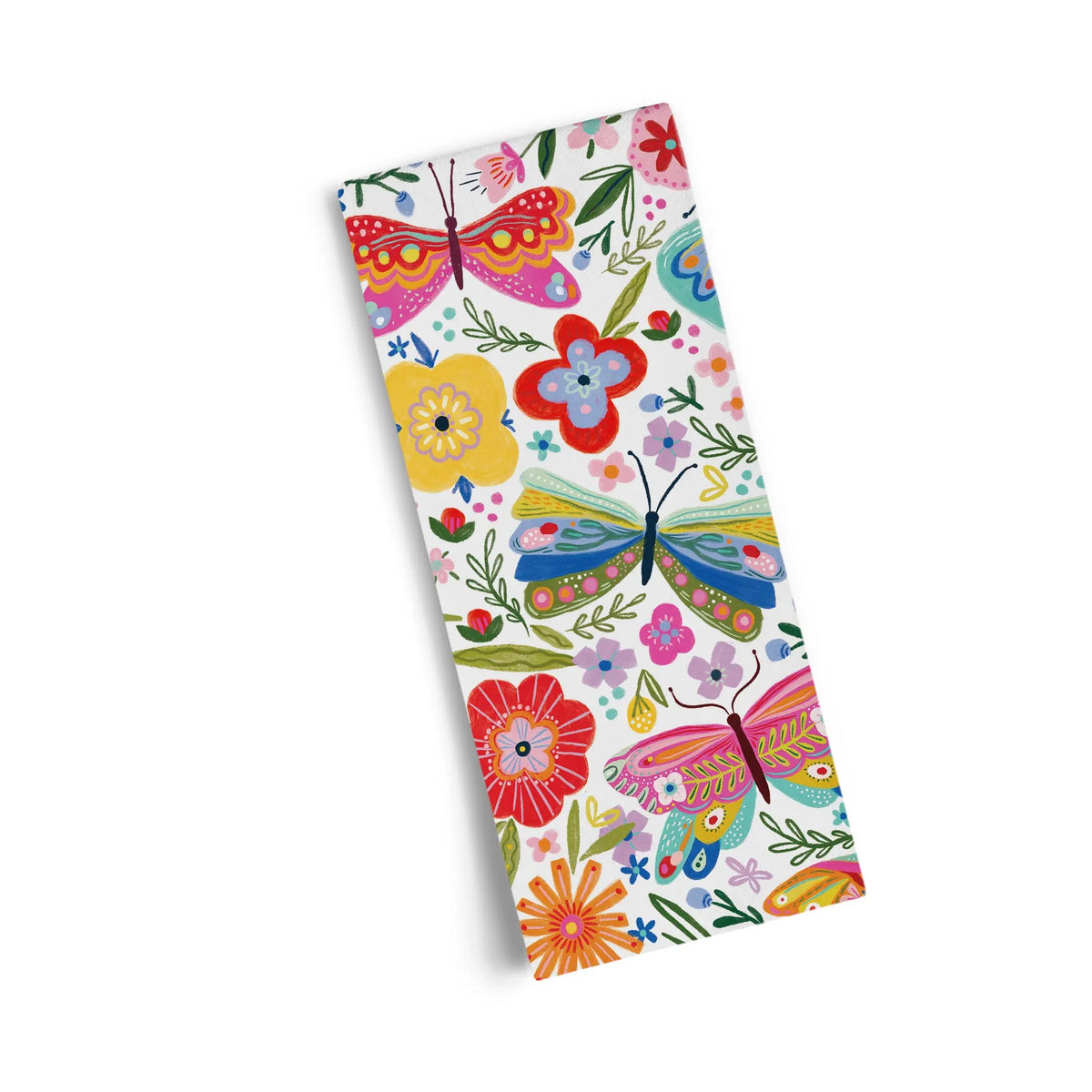 Rectangular white cotton tea towel featuring a vibrant, colorful pattern of butterflies and stylized flowers.