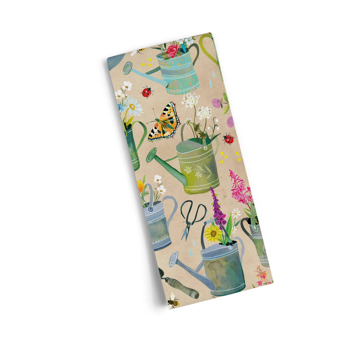 Rectangular cotton tea towel with a beige background featuring a garden pattern of watering cans, flowers, and insects.