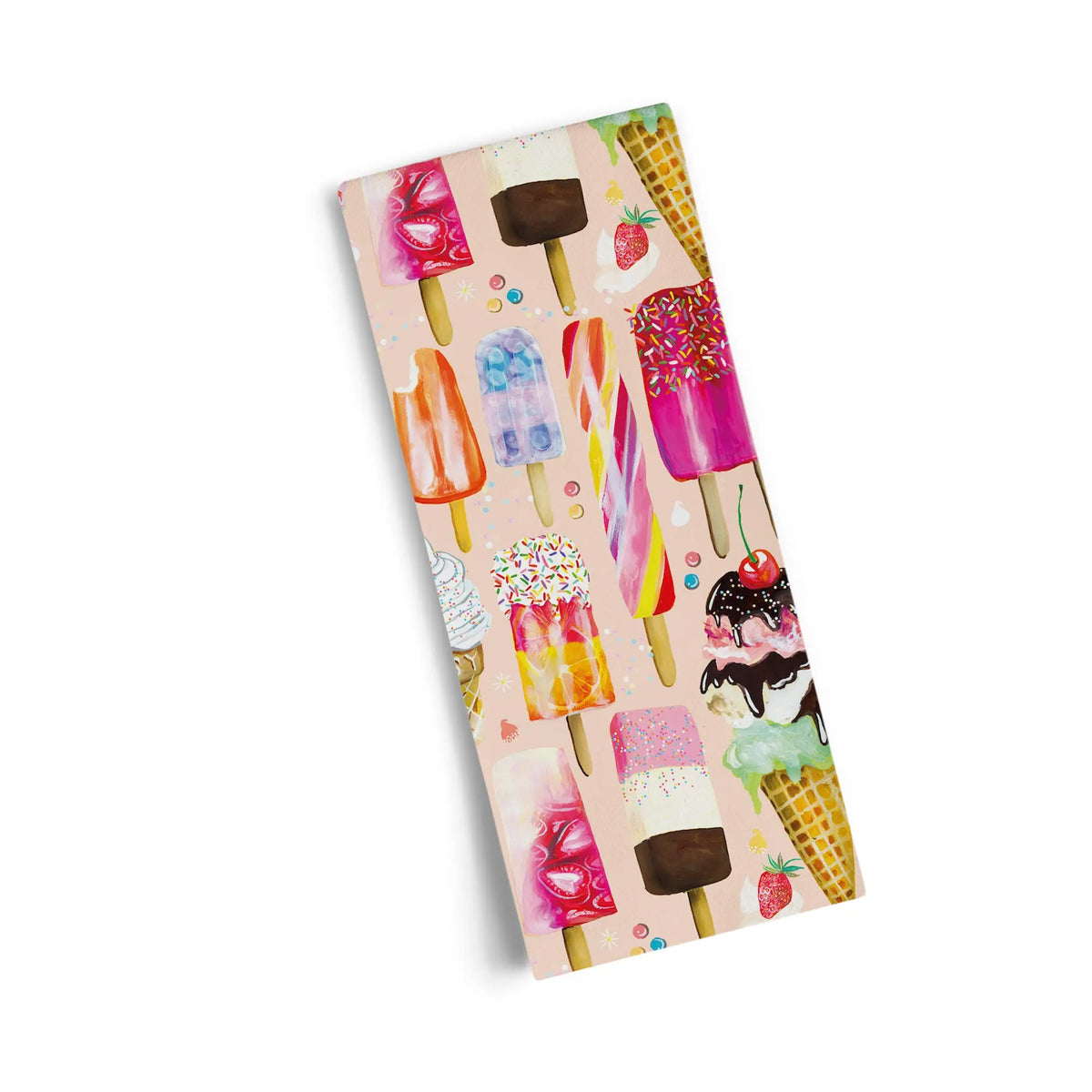 Cotton tea towel with colorful watercolor illustrations of various ice cream cones and popsicles on a pink background.