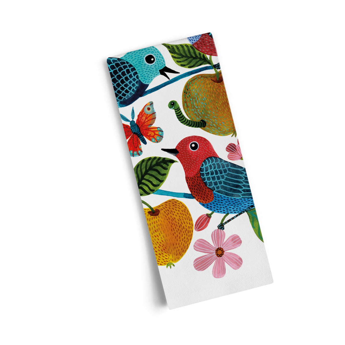 Cotton tea towel with a colorful folk-art pattern of birds, apples, leaves, a butterfly, and flowers on white.