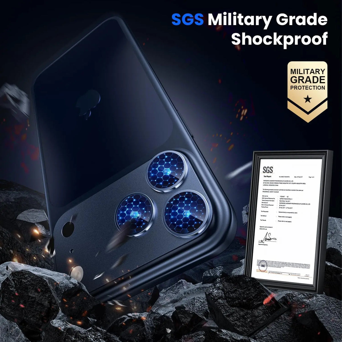 Titanium camera lens protectors with blue honeycomb patterns on a smartphone, surrounded by dark rocks and sparks.
