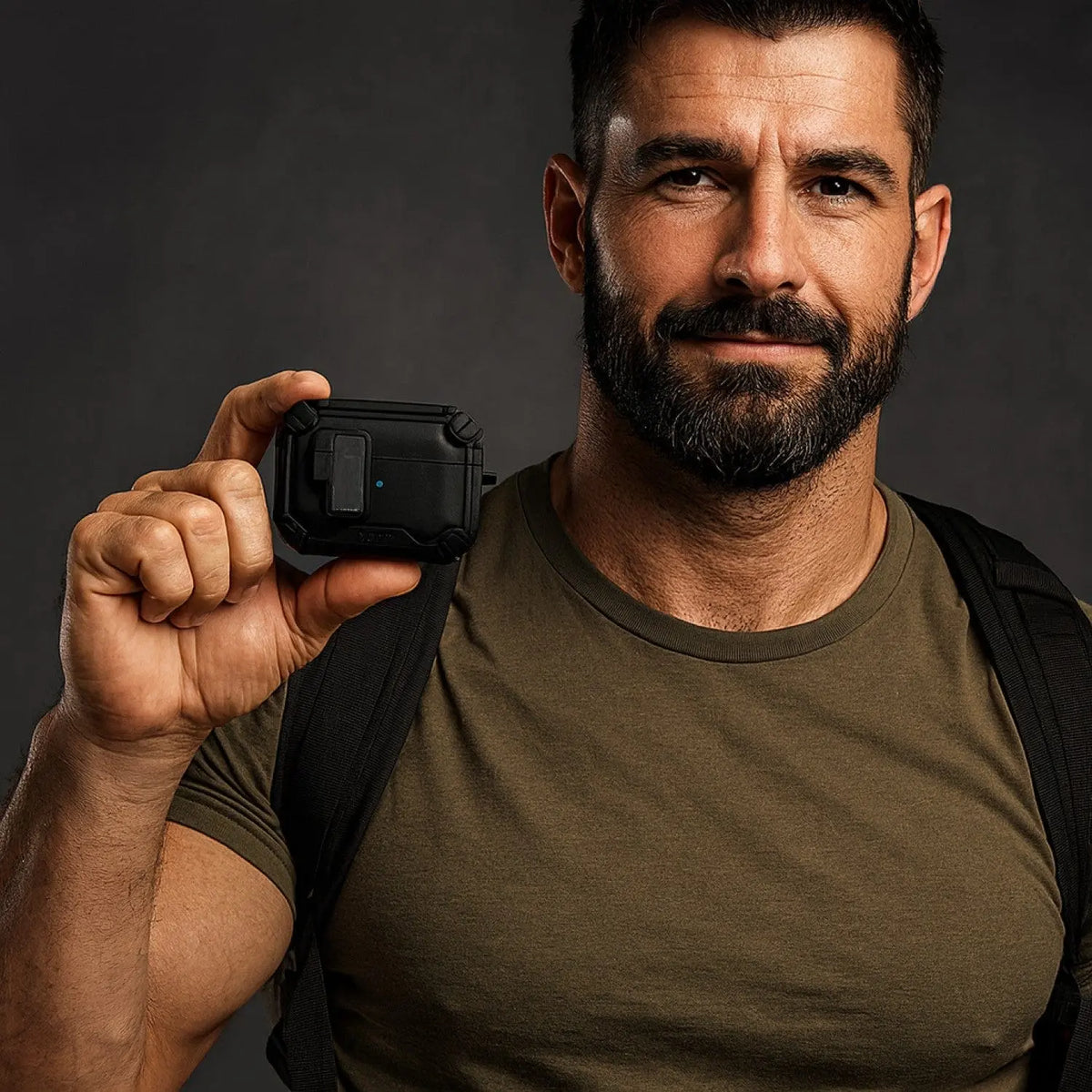 Man holding a rugged, matte black heavy-duty AirPods Pro 3 case with a secure locking mechanism.