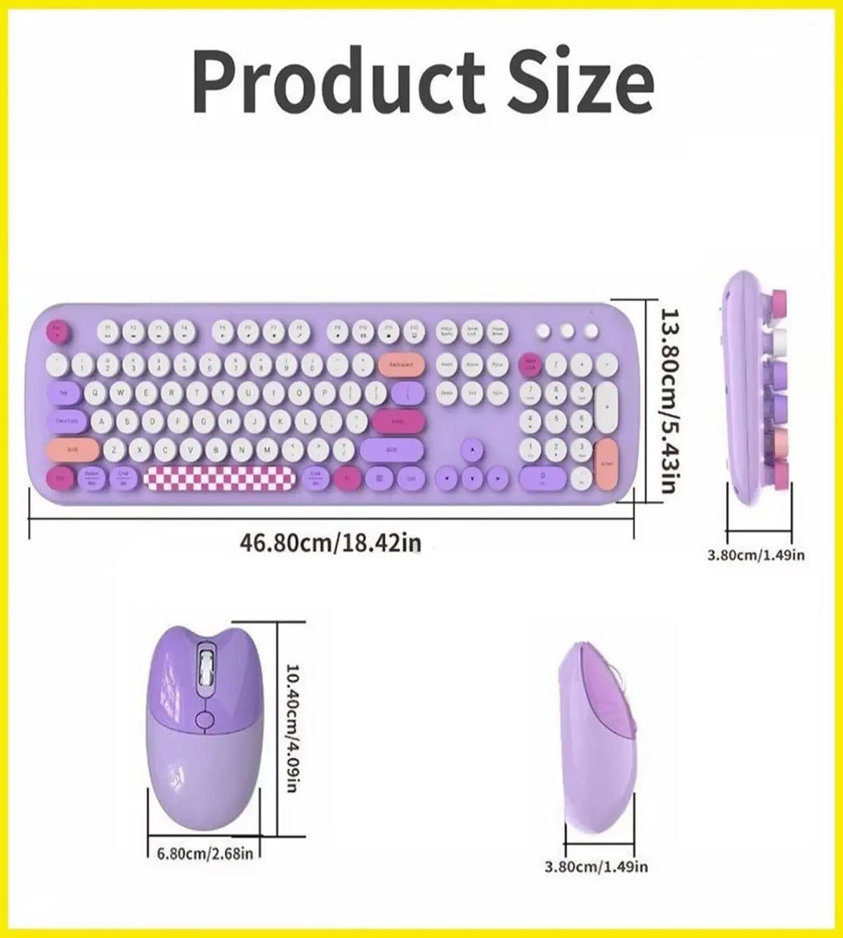 Purple wireless keyboard and mouse set with round keys and dimensions shown in centimeters and inches.