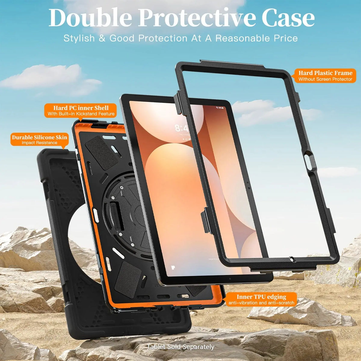Exploded view of a black and orange heavy-duty tablet case with silicone, PC shell, and hard frame components.