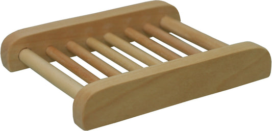 Natural light-colored wood soap dish featuring a slated design with rounded edges for drainage.