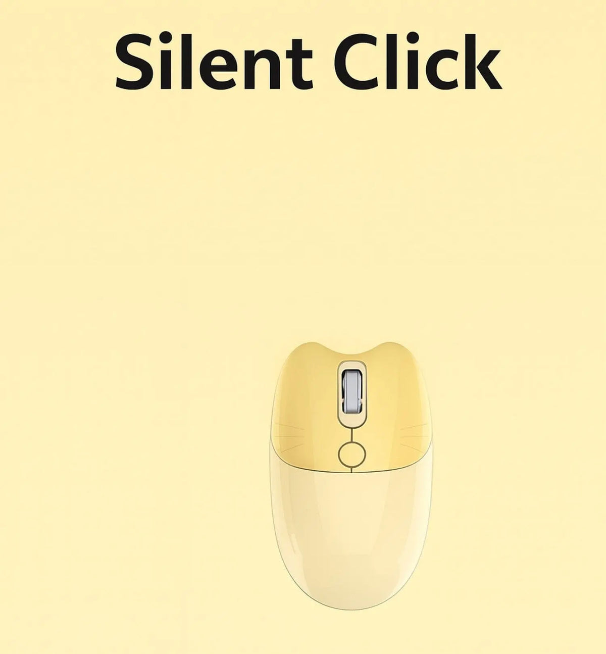 Yellow cat-shaped wireless mouse with silent click feature, shown on a pale yellow background.