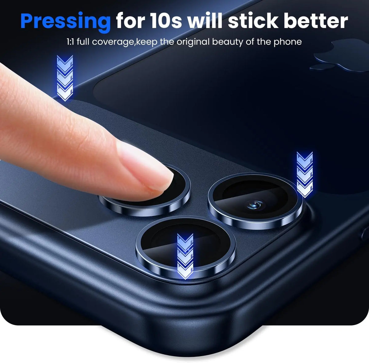 Finger pressing onto titanium camera lens protectors on a blue iPhone, featuring arrows indicating proper adhesion.