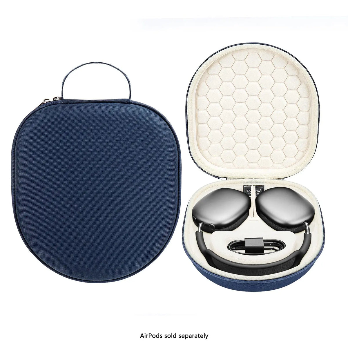 Navy blue hard-shell carry case for AirPods Max with a beige, hexagon-patterned interior and top handle.